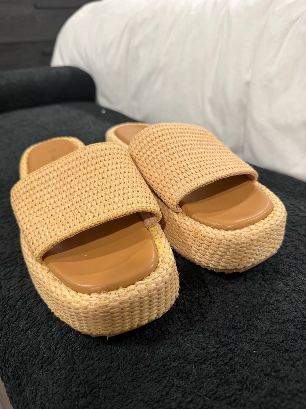 Woven Platform Slide Sandals in Natural Beige